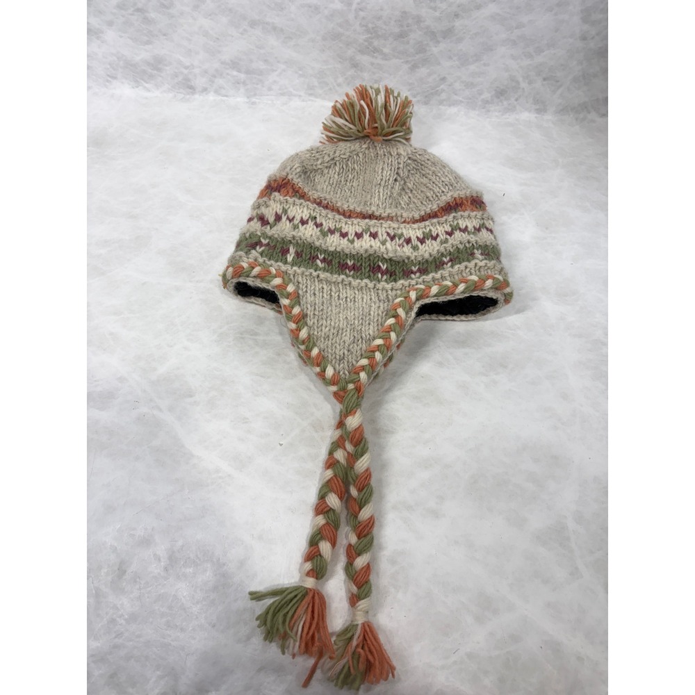 Earth Divas Fair Trade Wool Earflap Beanie Hat Fleece Lined Boho Nepal Green Pom